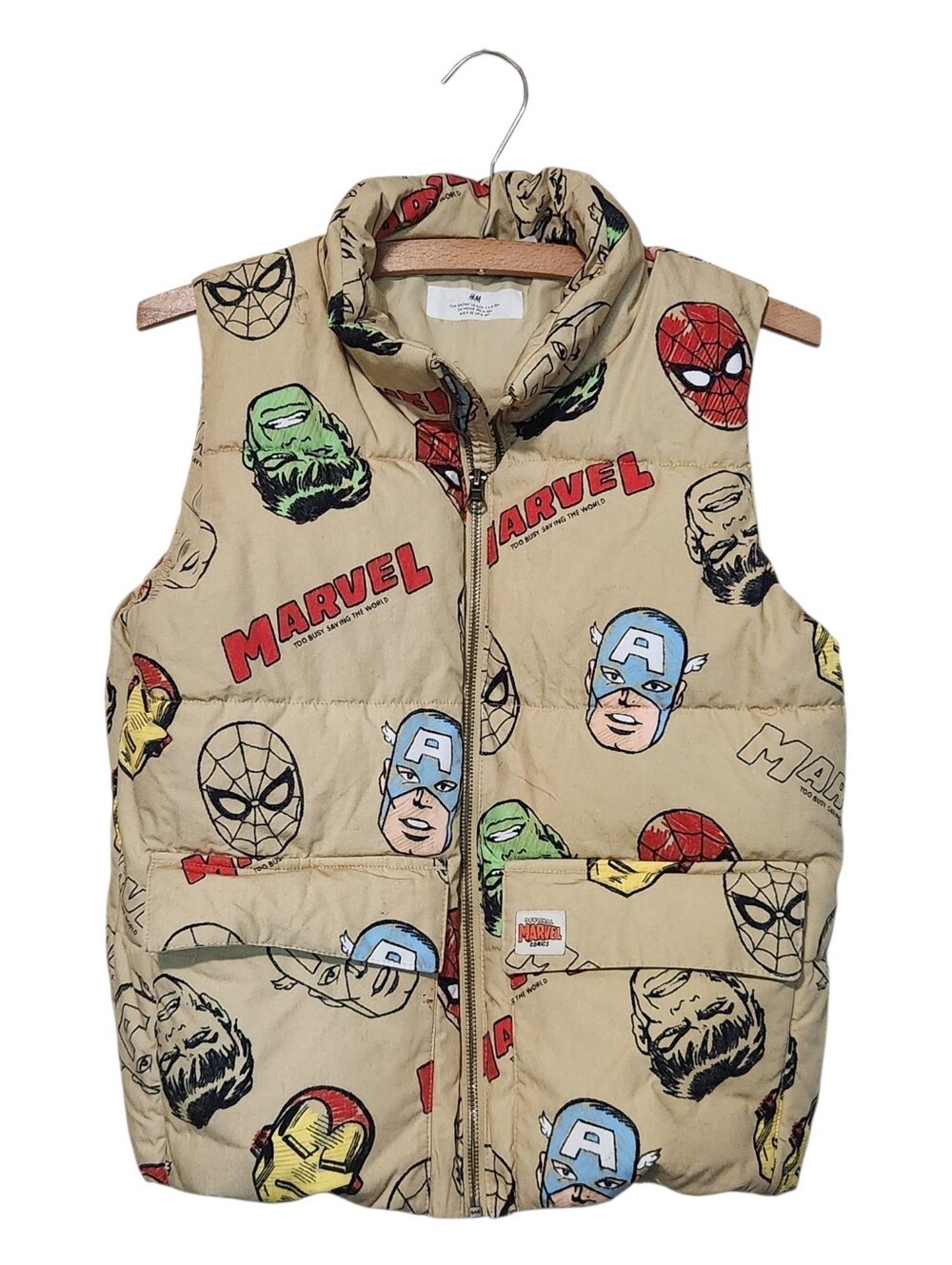 H&M Marvel Kids Beige Puffer Vest with Superhero Print Size 8 - 10